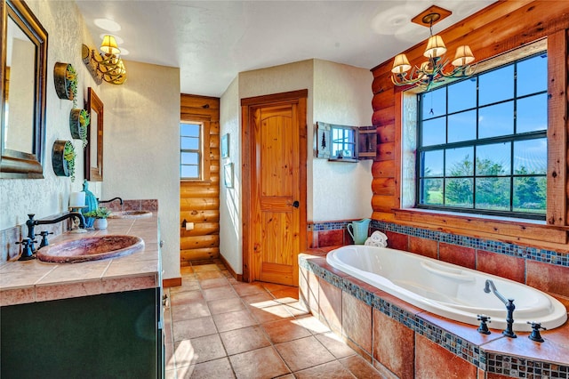 full bath featuring a sink, log walls, a bath, and a notable chandelier