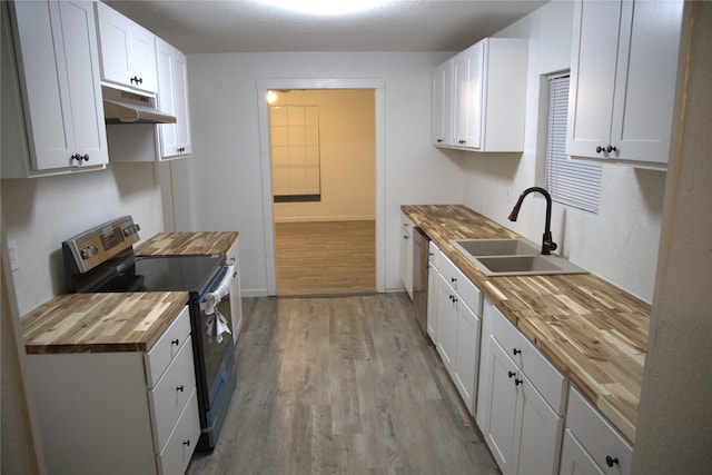 kitchen featuring light wood-style flooring, under cabinet range hood, a sink, wood counters, and appliances with stainless steel finishes