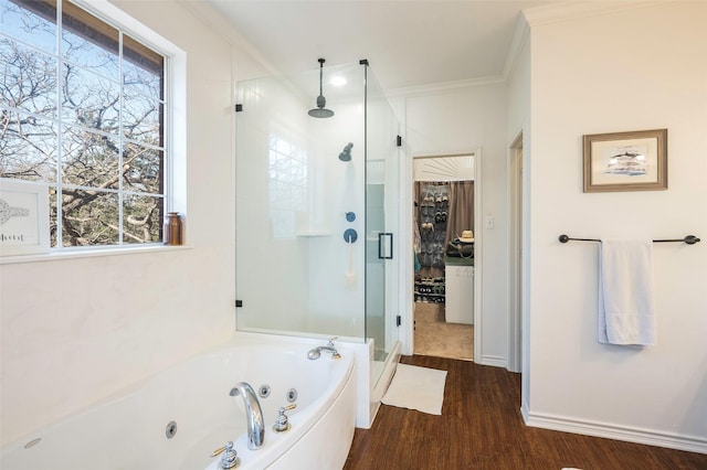 640 County Road 203, Collinsville, TX 76233 - bathroom with a whirlpool tub, a healthy amount of sunlight, a shower stall, and crown molding