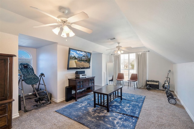 640 County Road 203, Collinsville, TX 76233 - living room featuring visible vents, carpet flooring, a ceiling fan, and vaulted ceiling