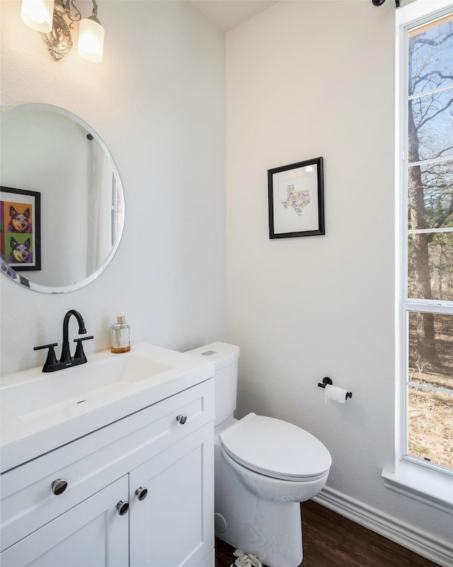 640 County Road 203, Collinsville, TX 76233 - bathroom with toilet, vanity, baseboards, and wood finished floors