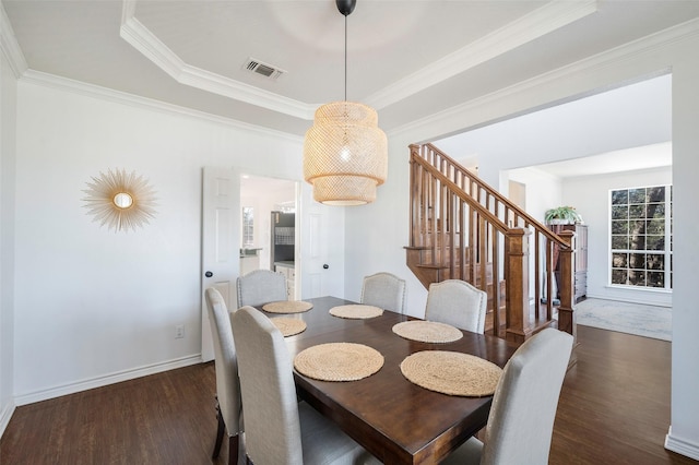 640 County Road 203, Collinsville, TX 76233 - dining space featuring stairway, wood finished floors, visible vents, and ornamental molding