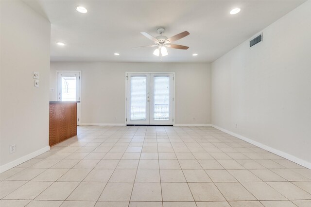 2645 Woodmere Dr, Dallas, TX 75233 - spare room with visible vents, a ceiling fan, recessed lighting, french doors, and baseboards