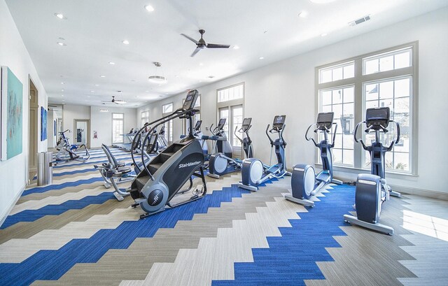 4036 Wellesley Ave, Frisco, TX 75034 - gym with a ceiling fan, baseboards, recessed lighting, and carpet flooring