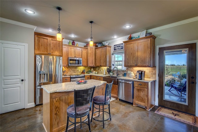 950 Rs County Road 1520, Point, TX 75472 - kitchen featuring appliances with stainless steel finishes, ornamental molding, backsplash, a kitchen island, and brown cabinetry