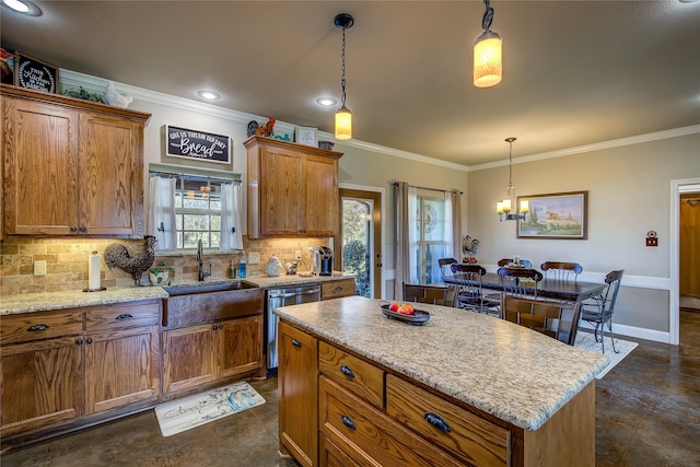 950 Rs County Road 1520, Point, TX 75472 - kitchen with brown cabinets, stainless steel dishwasher, decorative backsplash, crown molding, and a chandelier
