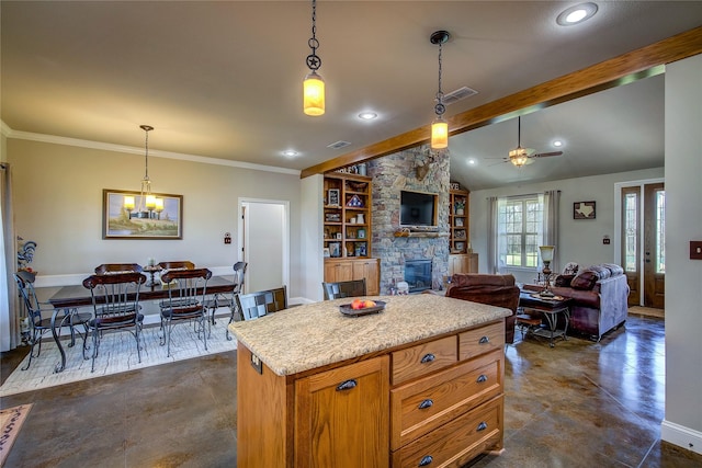950 Rs County Road 1520, Point, TX 75472 - kitchen featuring a fireplace, concrete floors, pendant lighting, light countertops, and recessed lighting