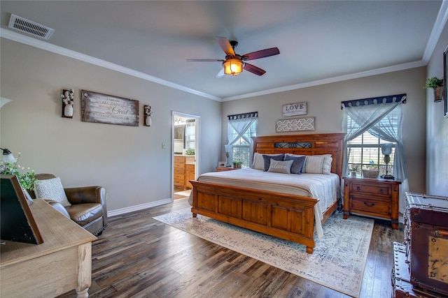 950 Rs County Road 1520, Point, TX 75472 - bedroom featuring multiple windows, wood finished floors, ornamental molding, ensuite bathroom, and ceiling fan