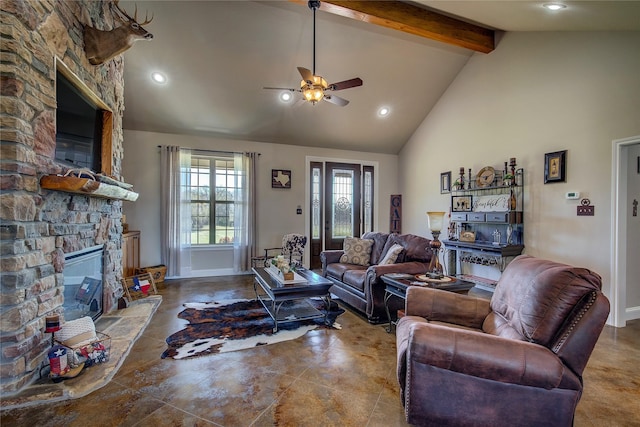 950 Rs County Road 1520, Point, TX 75472 - living room with beam ceiling, a ceiling fan, a fireplace, recessed lighting, and high vaulted ceiling