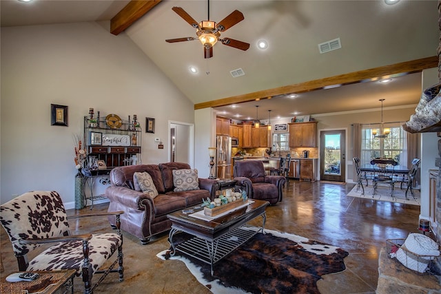 950 Rs County Road 1520, Point, TX 75472 - living room featuring beamed ceiling, a ceiling fan, recessed lighting, high vaulted ceiling, and concrete flooring