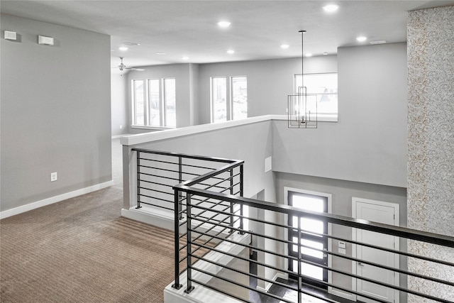 4029 Campania Ct, Colleyville, TX 76034 - staircase featuring recessed lighting, carpet floors, baseboards, wallpapered walls, and a ceiling fan
