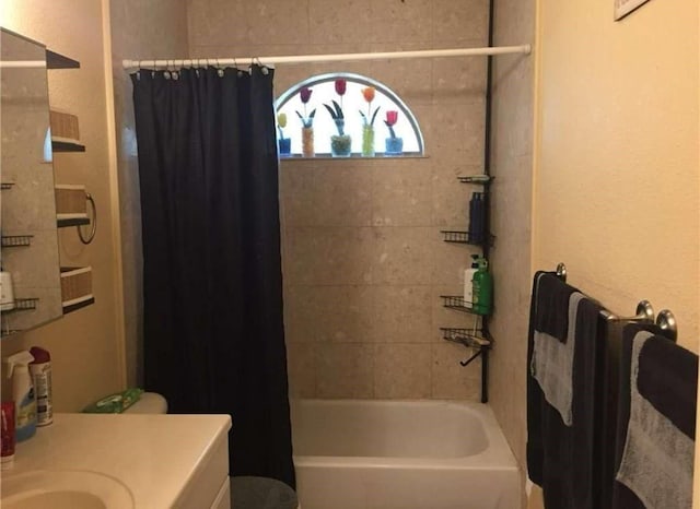 full bathroom featuring vanity and shower / tub combo with curtain