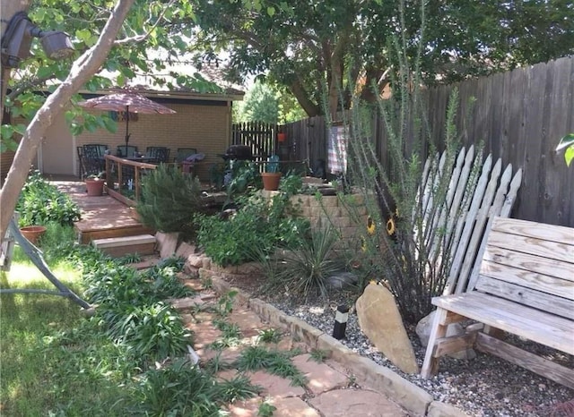 view of yard featuring a deck and a fenced backyard