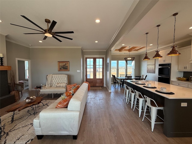 JarTBD Leo Lane, Poolville, TX 76487 - living area featuring recessed lighting, crown molding, ceiling fan, and wood finished floors