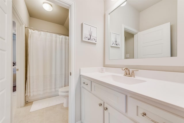 4406 Ravenbank Dr, Rockwall, TX 75087 - full bathroom with vanity, tile patterned floors, toilet, and shower / bathtub combination with curtain