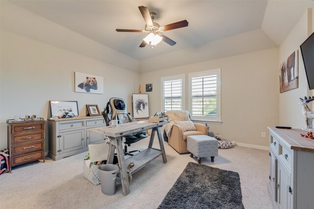 4406 Ravenbank Dr, Rockwall, TX 75087 - office space featuring a ceiling fan, baseboards, a tray ceiling, vaulted ceiling, and light carpet