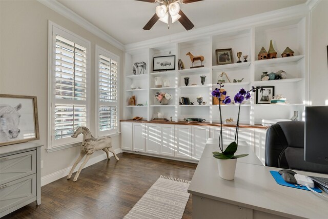 4406 Ravenbank Dr, Rockwall, TX 75087 - office space with dark wood finished floors, a ceiling fan, baseboards, and ornamental molding