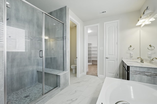 full bath featuring visible vents, a shower stall, toilet, marble finish floor, and vanity
