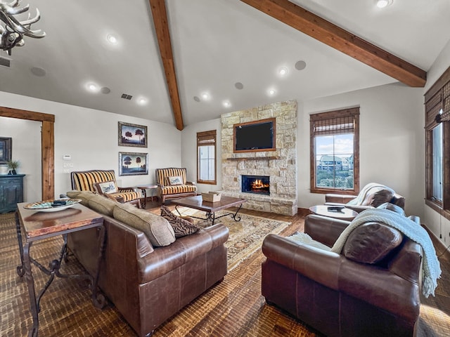2195 Century Oak Dr, Graford, TX 76449 - living room with a stone fireplace, recessed lighting, vaulted ceiling with beams, and visible vents
