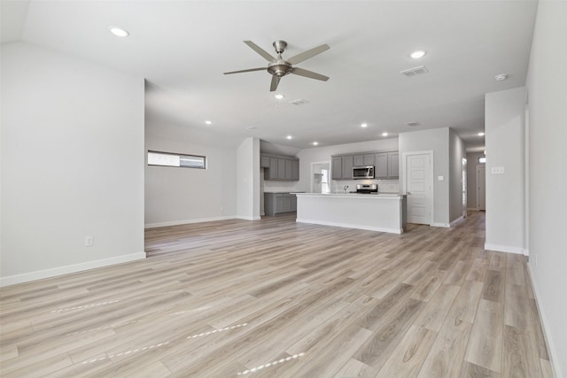 369 Marsh Dr, Lavon, TX 75166 - unfurnished living room with recessed lighting, ceiling fan, light wood-style flooring, and baseboards