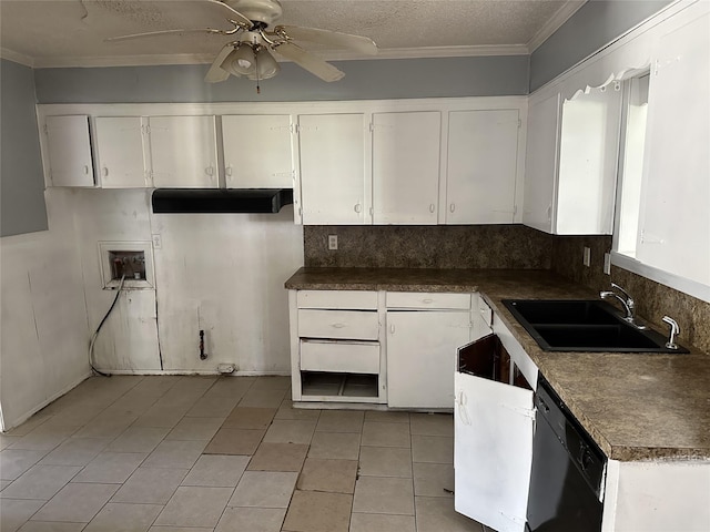 kitchen with white cabinetry, ceiling fan, a sink, extractor fan, and dishwasher
