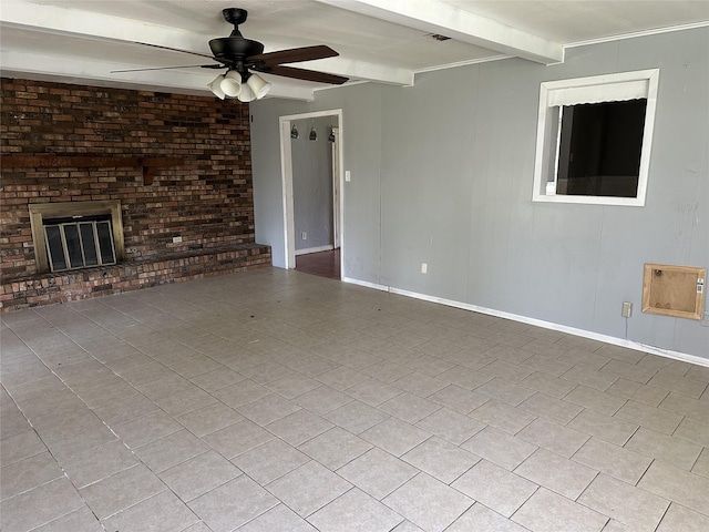 unfurnished living room featuring beamed ceiling, visible vents, a fireplace, light tile patterned floors, and ceiling fan