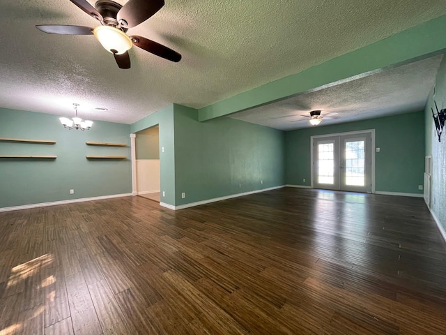 3408 Chaffin Dr, Richland Hills, TX 76118 - unfurnished living room featuring a textured ceiling, ceiling fan with notable chandelier, and wood finished floors