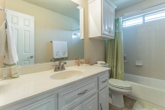 bathroom featuring vanity, tile patterned floors, toilet, and shower / tub combo with curtain