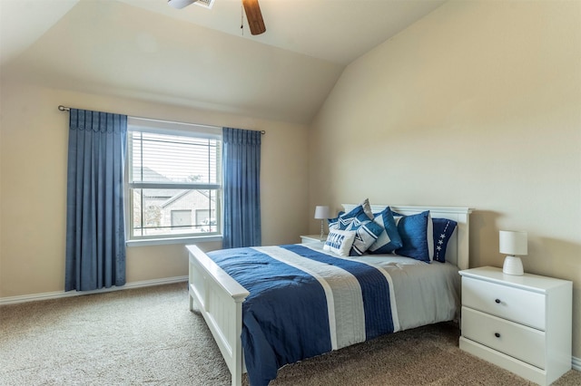 bedroom featuring vaulted ceiling, a ceiling fan, baseboards, and carpet floors