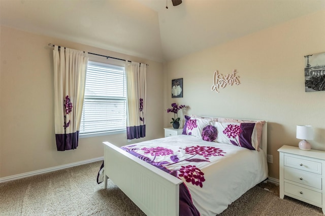 bedroom with baseboards, carpet, a ceiling fan, and vaulted ceiling