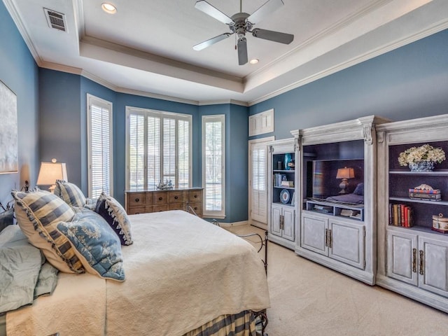 3425 Caleo Ct, Plano, TX 75025 - bedroom with a tray ceiling, crown molding, light carpet, a ceiling fan, and recessed lighting