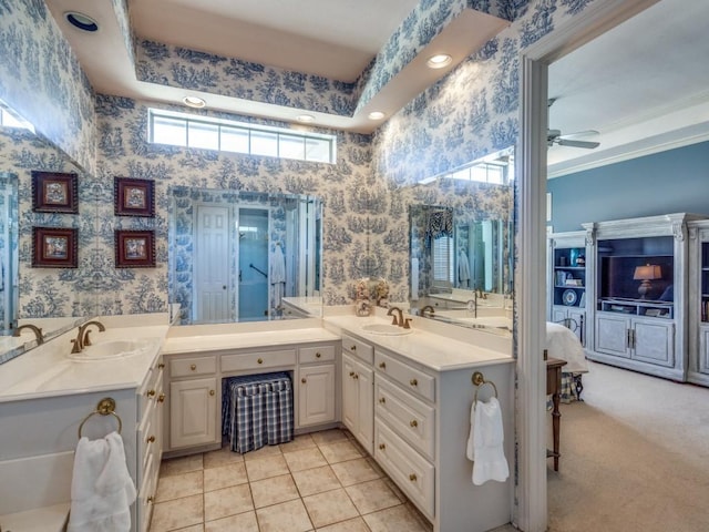 3425 Caleo Ct, Plano, TX 75025 - full bath with wallpapered walls, a ceiling fan, vanity, tile patterned floors, and recessed lighting