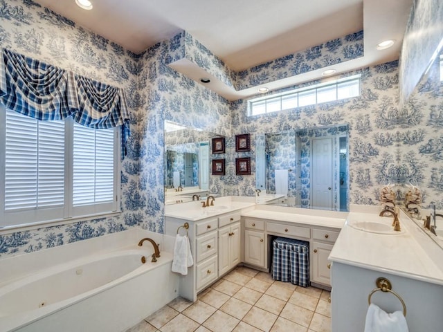 3425 Caleo Ct, Plano, TX 75025 - bathroom featuring tile patterned flooring, wallpapered walls, a garden tub, two vanities, and recessed lighting
