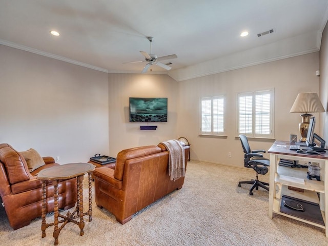 3425 Caleo Ct, Plano, TX 75025 - carpeted office space featuring crown molding, ceiling fan, recessed lighting, and baseboards