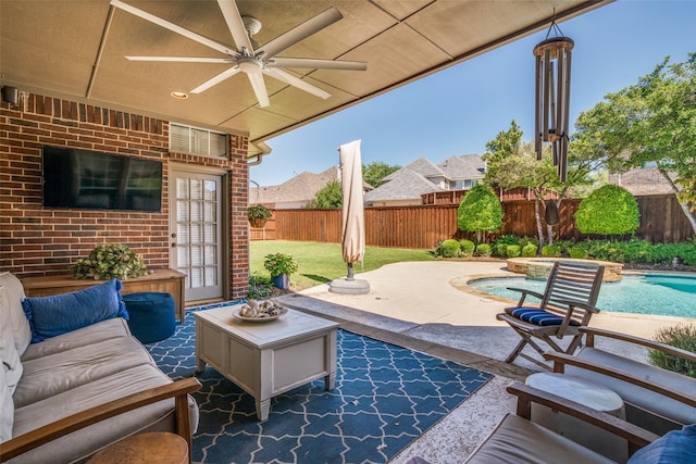 3425 Caleo Ct, Plano, TX 75025 - view of patio featuring a ceiling fan, a fenced backyard, and an outdoor hangout area