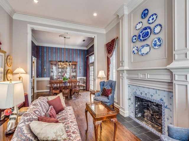 3425 Caleo Ct, Plano, TX 75025 - living room featuring wallpapered walls, a chandelier, crown molding, a tile fireplace, and baseboards