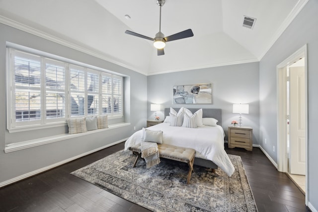 bedroom featuring visible vents, baseboards, dark wood-type flooring, and lofted ceiling