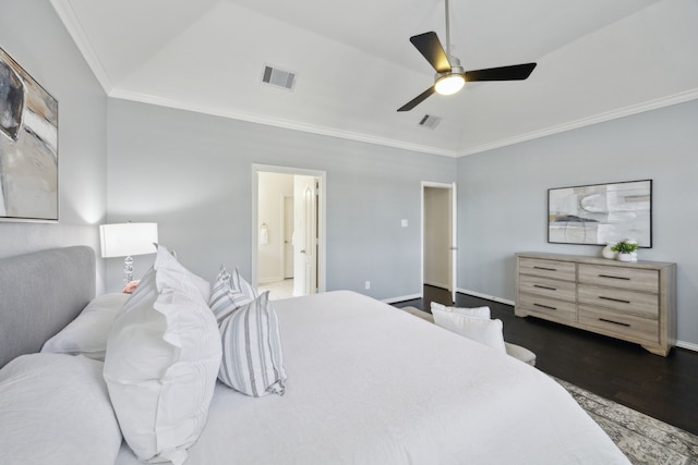 bedroom with visible vents, dark wood-style flooring, baseboards, and ornamental molding