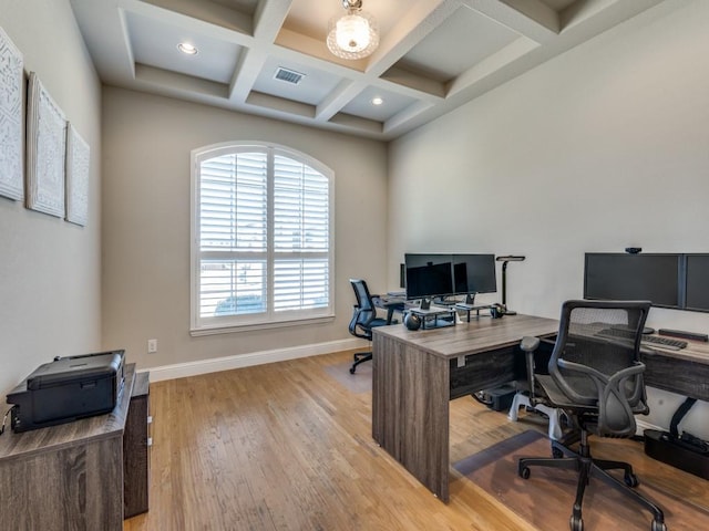 6601 Elderberry Way, Flower Mound, TX 76226 - office space with coffered ceiling, baseboards, wood finished floors, beam ceiling, and recessed lighting