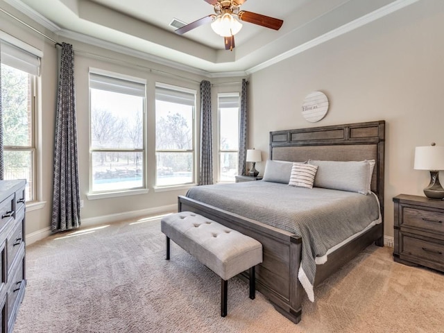 6601 Elderberry Way, Flower Mound, TX 76226 - bedroom with light colored carpet, a raised ceiling, baseboards, ceiling fan, and ornamental molding