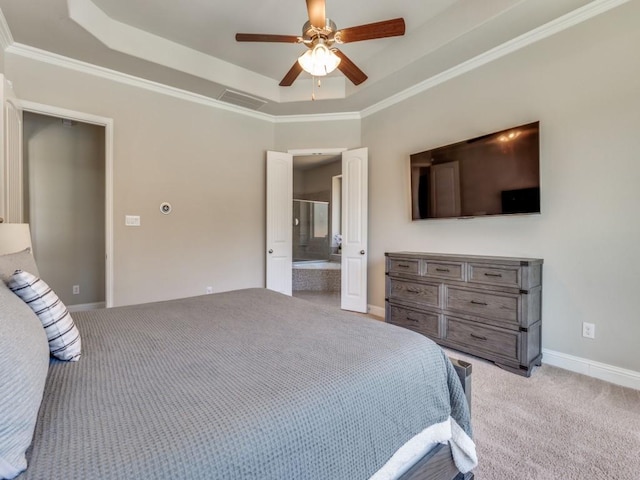 6601 Elderberry Way, Flower Mound, TX 76226 - bedroom featuring light colored carpet, a raised ceiling, ornamental molding, baseboards, and connected bathroom