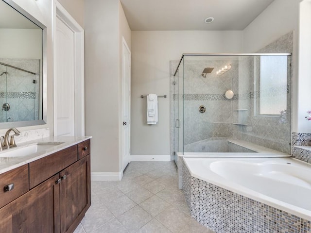6601 Elderberry Way, Flower Mound, TX 76226 - full bath with a garden tub, vanity, a stall shower, tile patterned flooring, and baseboards