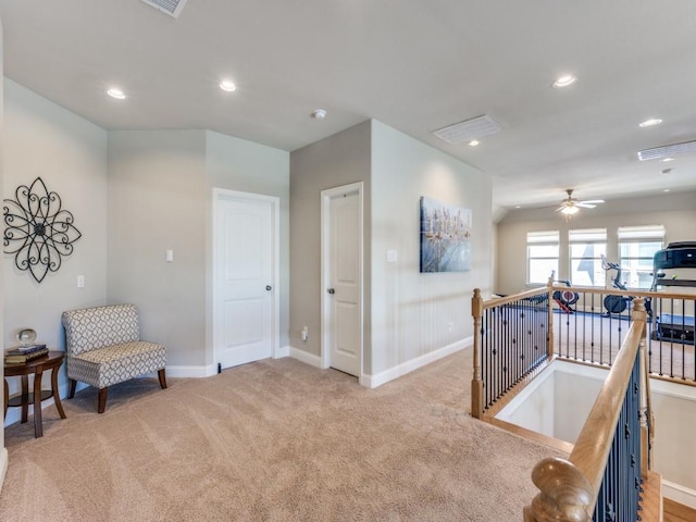 6601 Elderberry Way, Flower Mound, TX 76226 - sitting room with an upstairs landing, carpet floors, baseboards, recessed lighting, and a ceiling fan