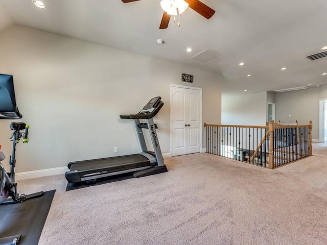 6601 Elderberry Way, Flower Mound, TX 76226 - exercise room with carpet flooring, baseboards, ceiling fan, and recessed lighting