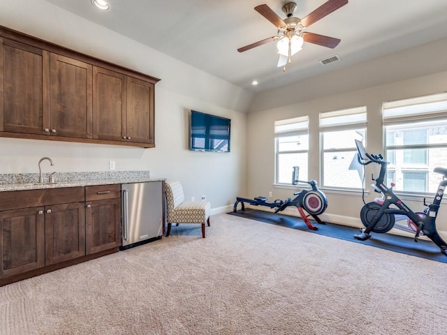 6601 Elderberry Way, Flower Mound, TX 76226 - workout area with baseboards, light colored carpet, plenty of natural light, recessed lighting, and a ceiling fan