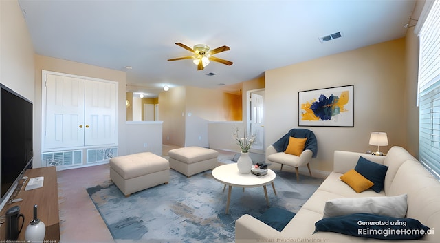 carpeted living area featuring ceiling fan, visible vents, and baseboards