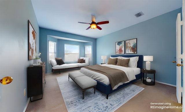 bedroom featuring baseboards, a ceiling fan, and visible vents