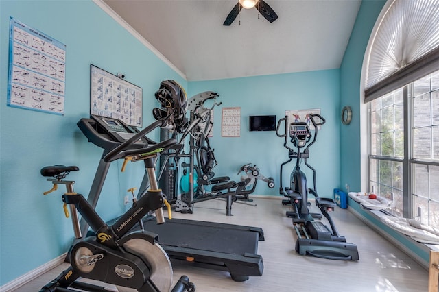 900 Crest Ridge Ct, Irving, TX 75061 - workout area with a ceiling fan, baseboards, wood finished floors, and lofted ceiling