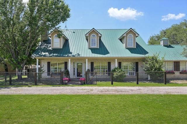 389 Meadow Hill Rd, Fort Worth, TX 76108 - cape cod home with metal roof, a porch, stone siding, and a chimney