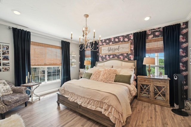 389 Meadow Hill Rd, Fort Worth, TX 76108 - bedroom featuring a chandelier, ornamental molding, wood finished floors, and recessed lighting